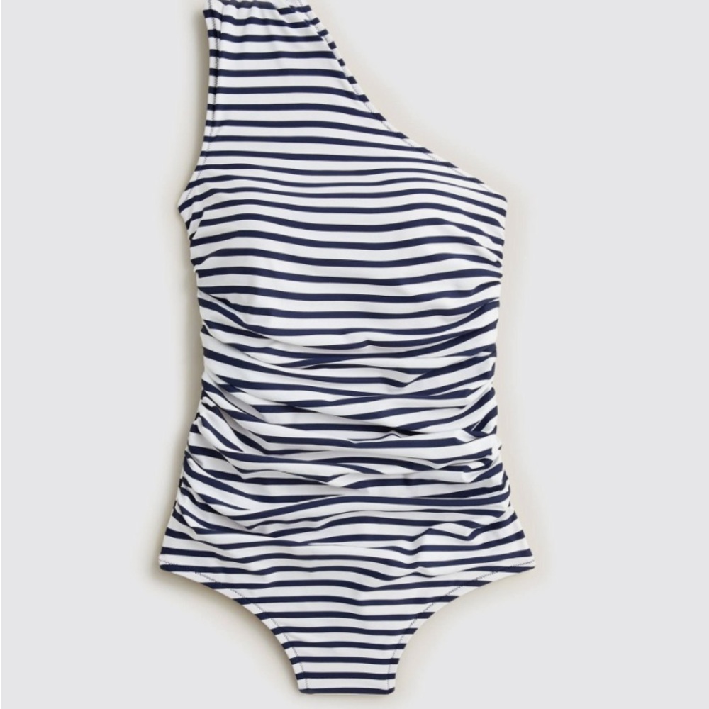 JCrew Ruched one-shoulder one-piece in stripe